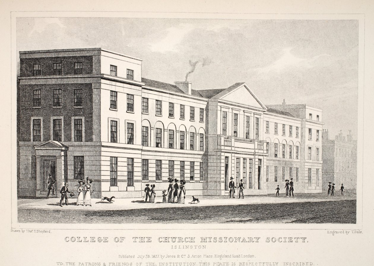 College of the Church Missionary Society, Islington, z hospody „Londýn a jeho okolí v devatenáctém století“. Jones und Co., 1827-1829 od Thomas Hosmer Shepherd