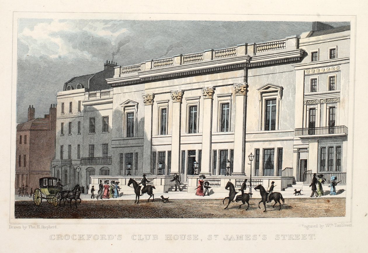 Crockfords Club House, St. James Street. Hospoda. 1828 (ručně kolorovaná rytina) od Thomas Hosmer Shepherd