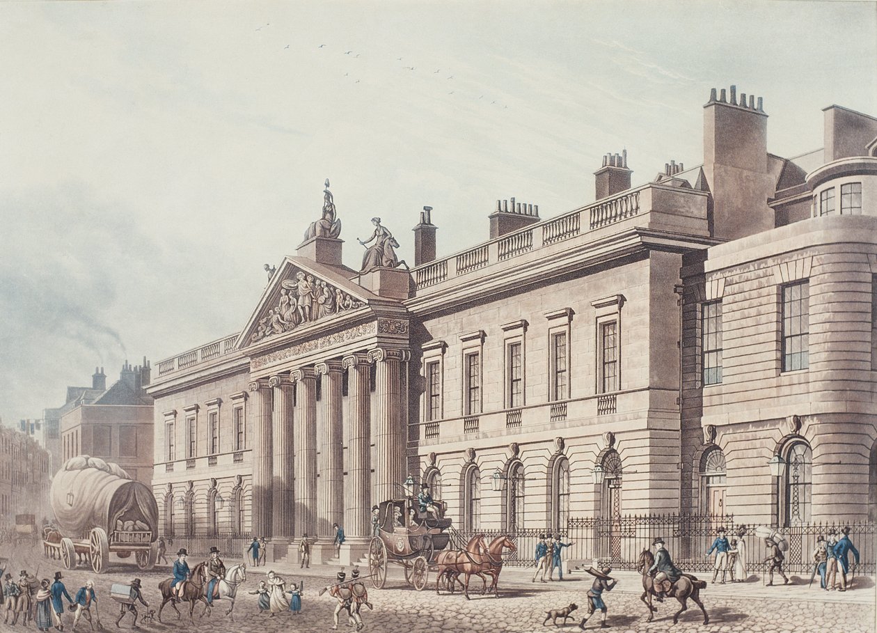 East India House, vyryl Joseph Constantine Stadler (fl.1780-1812), pub. od Ackermanna „Repository of Arts“ (akvatinta) (viz také 18619) od Thomas Hosmer Shepherd