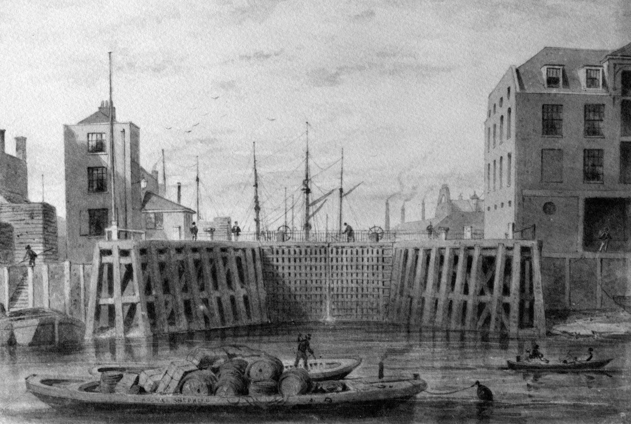 Vchod do Limehouse Dock, 1850 (pero, inkoust a mytí na papíře) od Thomas Hosmer Shepherd