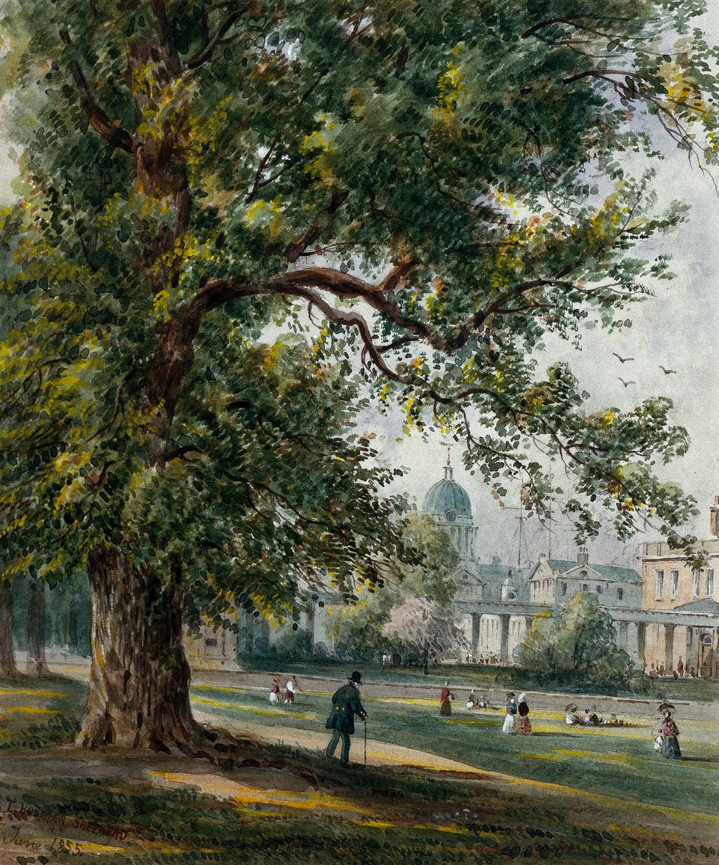 Greenwichská nemocnice z parku, červen 1855 (akvarel s grafitem) od Thomas Hosmer Shepherd