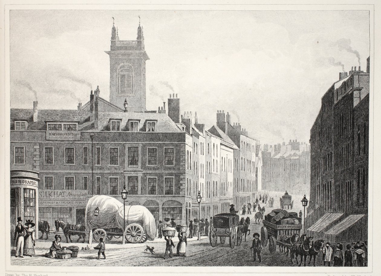 Holborn Bridge, Church of St Andrew, atd., z hospody „Londýn a jeho okolí v devatenáctém století“. Jones und Co., 1827-1829 od Thomas Hosmer Shepherd