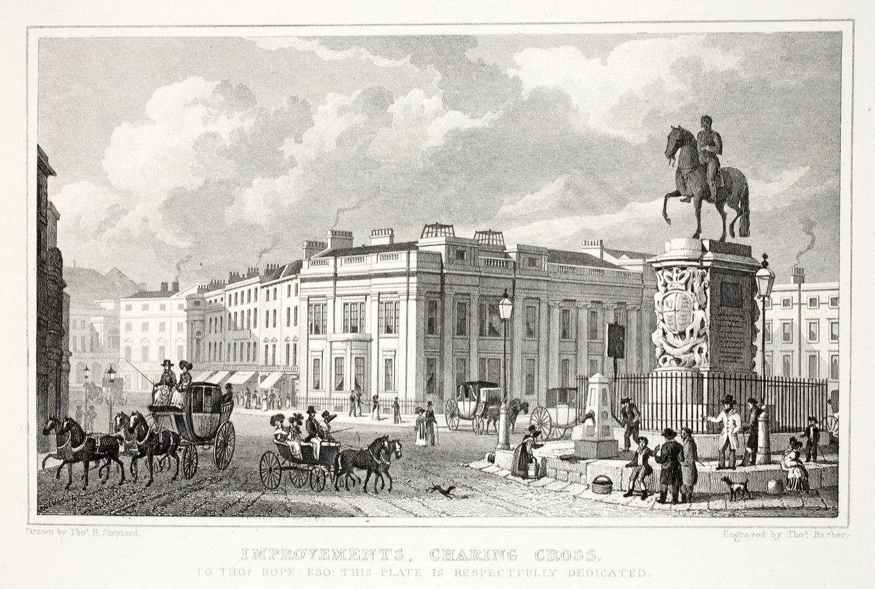 Vylepšení, Charing Cross, z hospody „Londýn a jeho okolí v devatenáctém století“. Jones und Co., 1827-1829 od Thomas Hosmer Shepherd