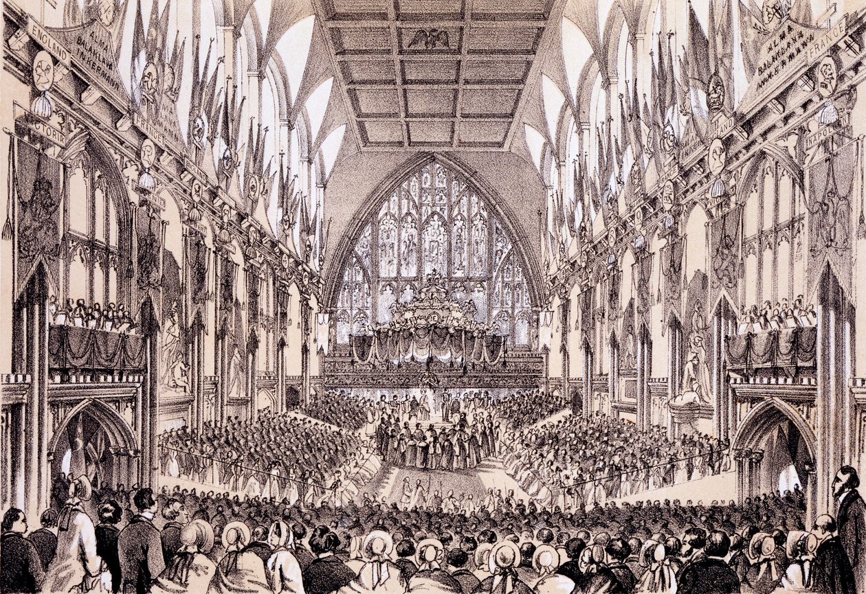 Interiér cechovní haly - Lord Mayor and Corporation předkládají svou adresu císaři a císařovně Francouzů, 19. dubna 1855 od Thomas Hosmer Shepherd