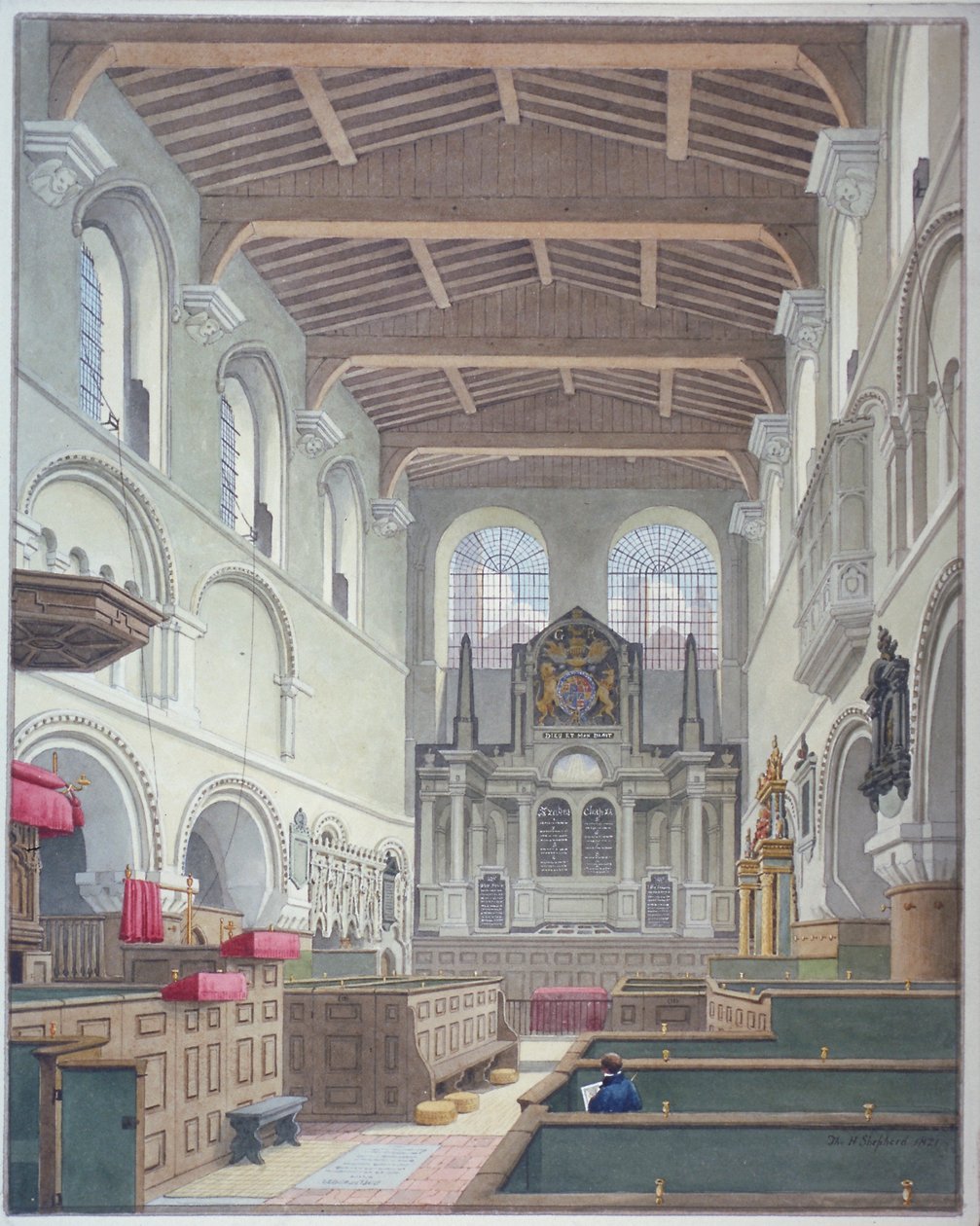 Vnitřní pohled na kostel svatého Bartoloměje-Velikého, Smithfield, City of London, 1821. od Thomas Hosmer Shepherd