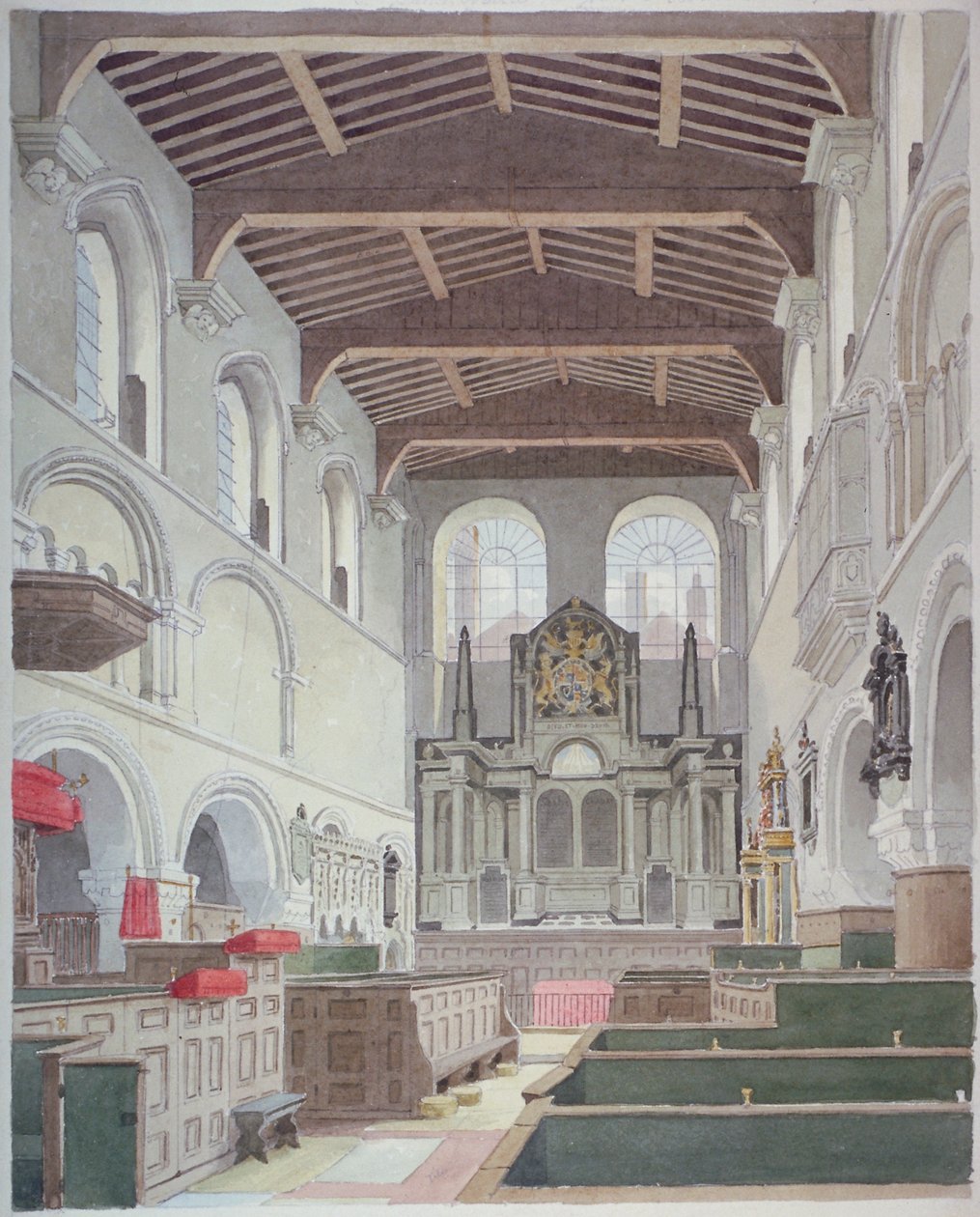 Vnitřní pohled na kostel svatého Bartoloměje-Velikého, Smithfield, City of London, 1821. od Thomas Hosmer Shepherd