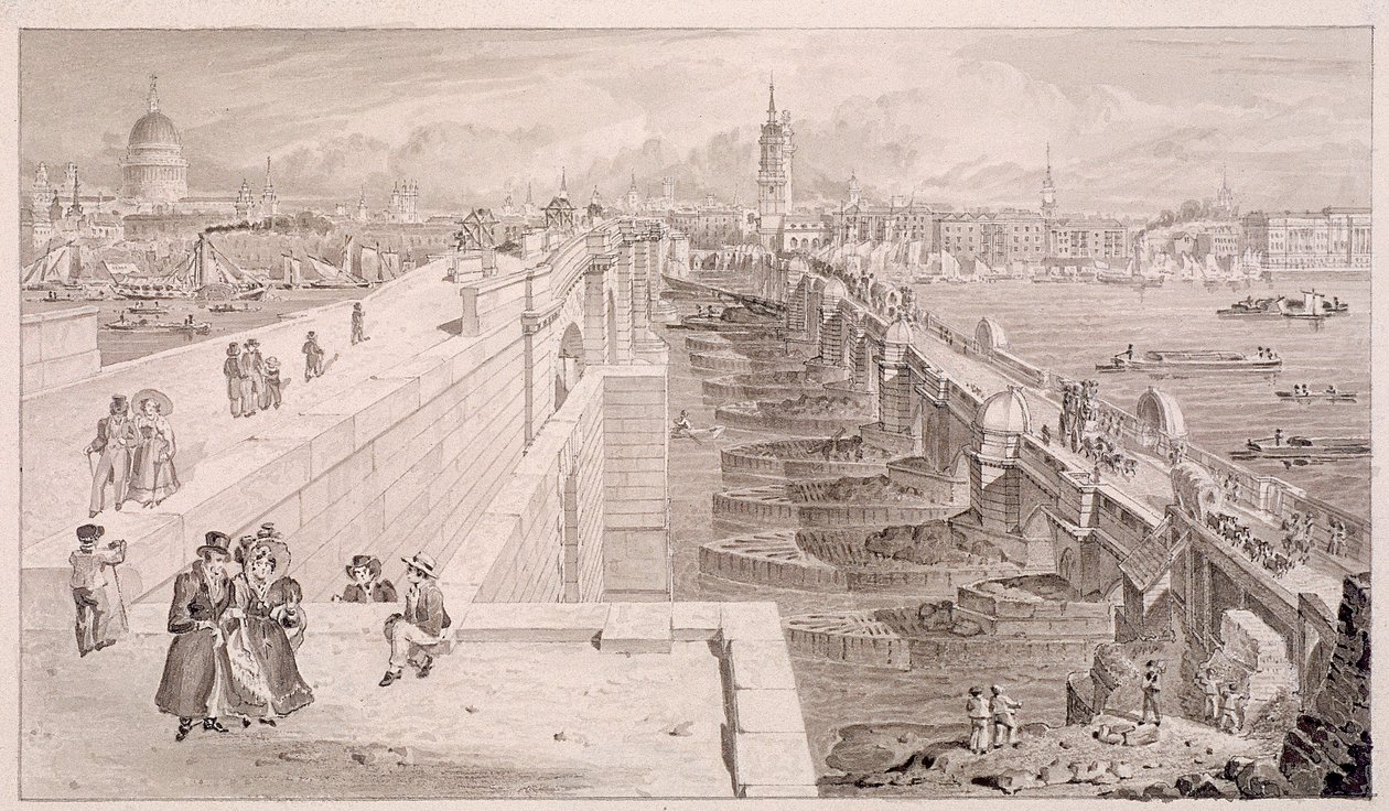 London Bridge starý a nový, Londýn, 1831 od Thomas Hosmer Shepherd