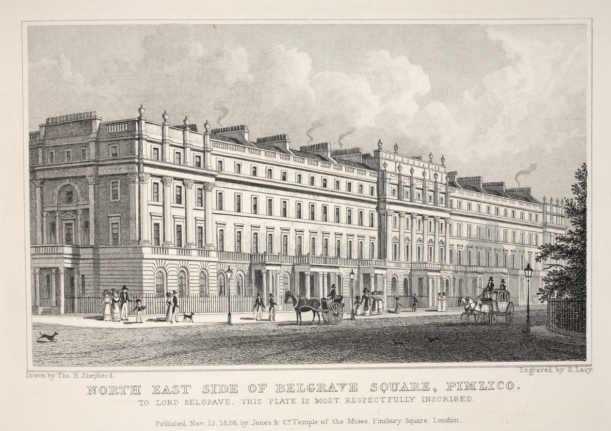 Severovýchodní strana náměstí Belgrave, Pimlico, z hospody „Londýn a jeho okolí v devatenáctém století“. Jones und Co., 1827-1829 od Thomas Hosmer Shepherd