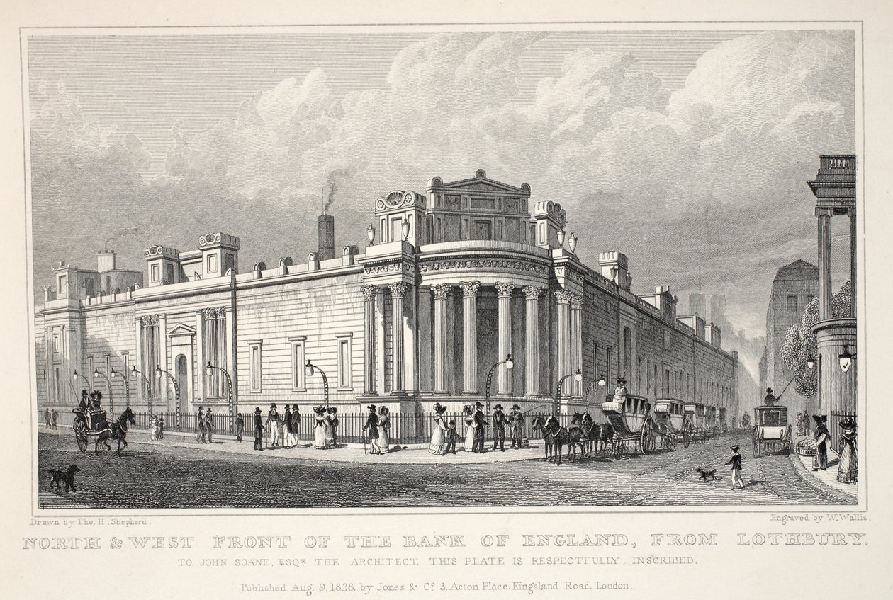 Severní a západní fronta Bank of England z Lothbury, z hospody „Londýn a jeho okolí v devatenáctém století“. Jones und Co., 1827-1829 od Thomas Hosmer Shepherd
