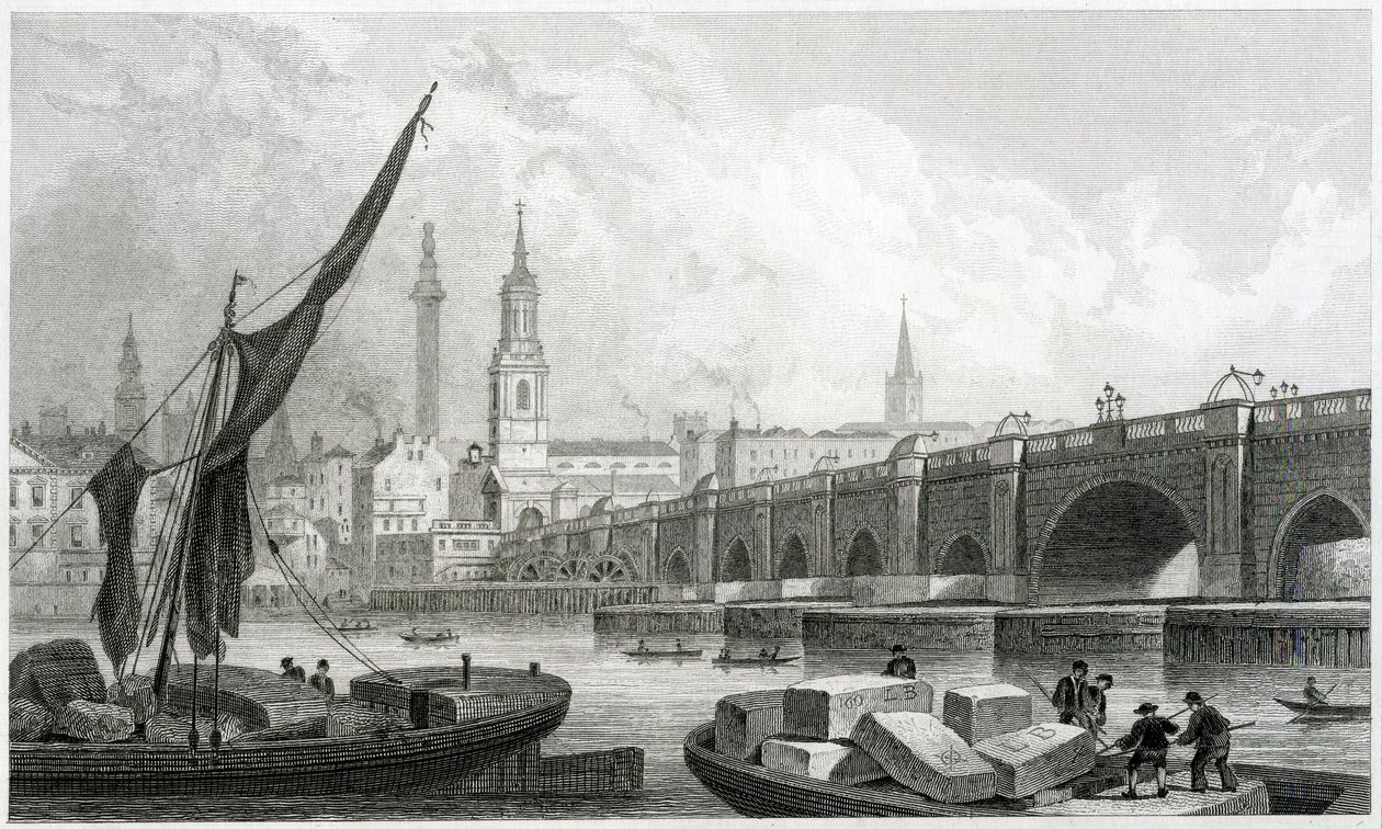 Old London Bridge, ze Southwarku, 1829 od Thomas Hosmer Shepherd