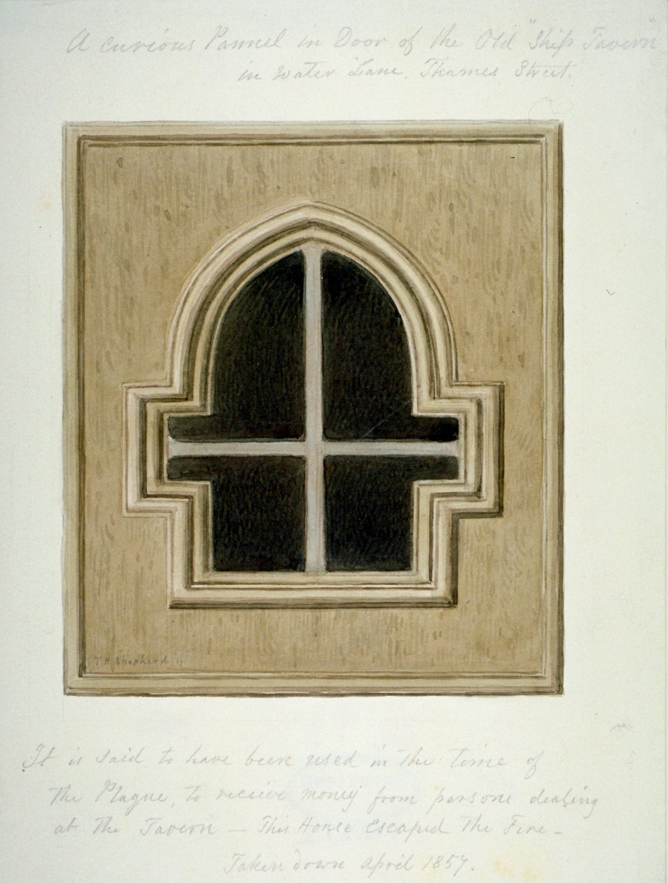 Panel ve dveřích Ship Tavern, Water Lane, City of London, 1857. od Thomas Hosmer Shepherd