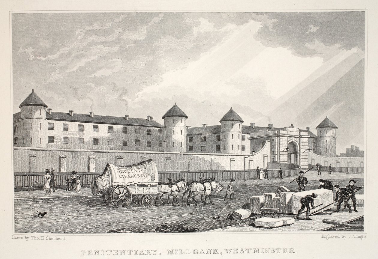 Vězeňská věznice, Millbank, Westminster, z hospody „Londýn a jeho okolí v devatenáctém století“. Jones und Co., 1827-1829 od Thomas Hosmer Shepherd