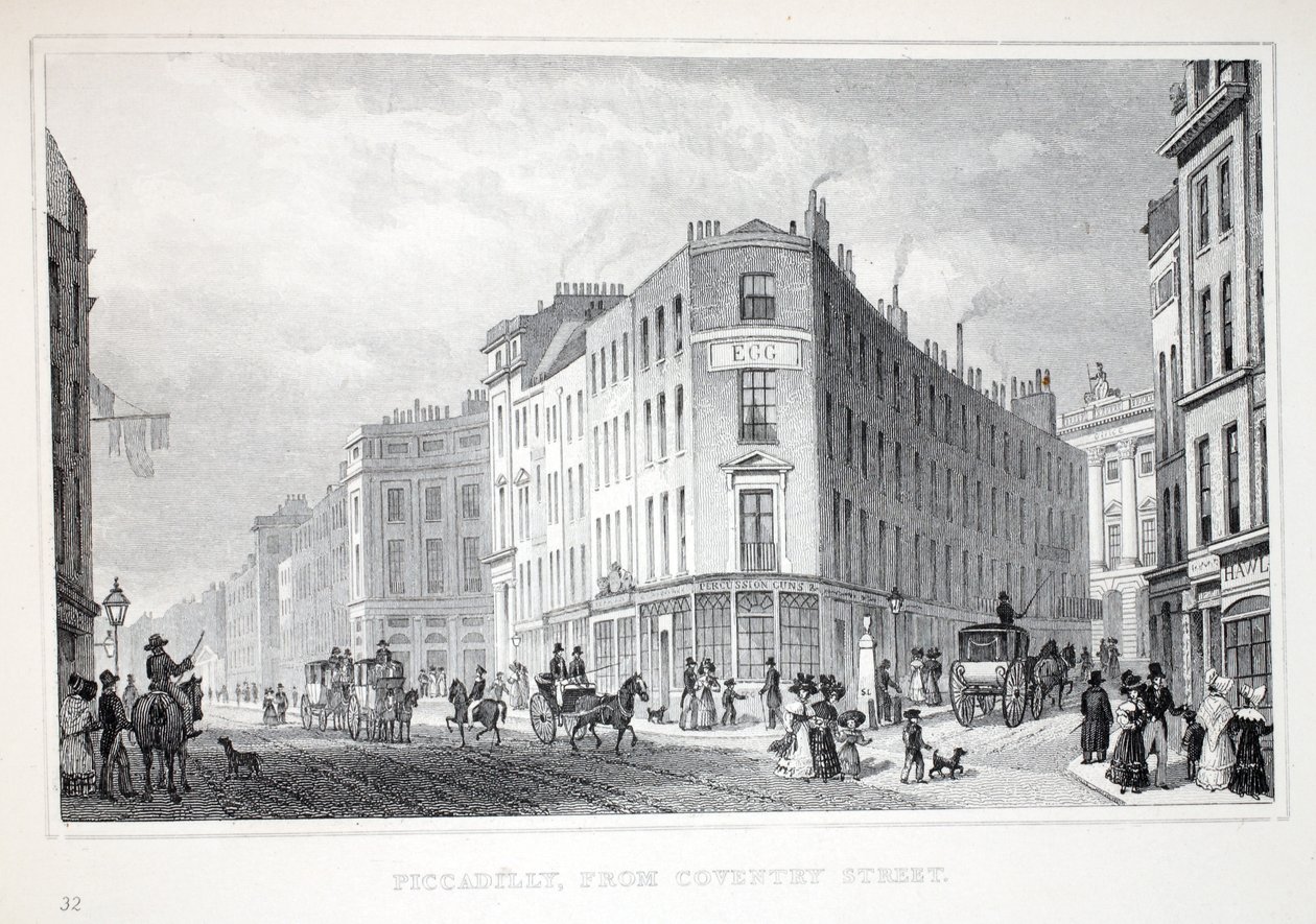 Piccadilly, z Coventry Street, z hospody „Londýn a jeho okolí v devatenáctém století“. Jones und Co., 1827-1829 od Thomas Hosmer Shepherd