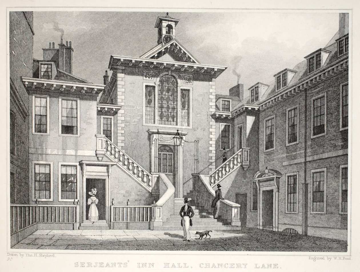 Serjeants Inn, Chancery Lane, z hospody „Londýn a jeho okolí v devatenáctém století“. Jones und Co., 1827-1829 od Thomas Hosmer Shepherd