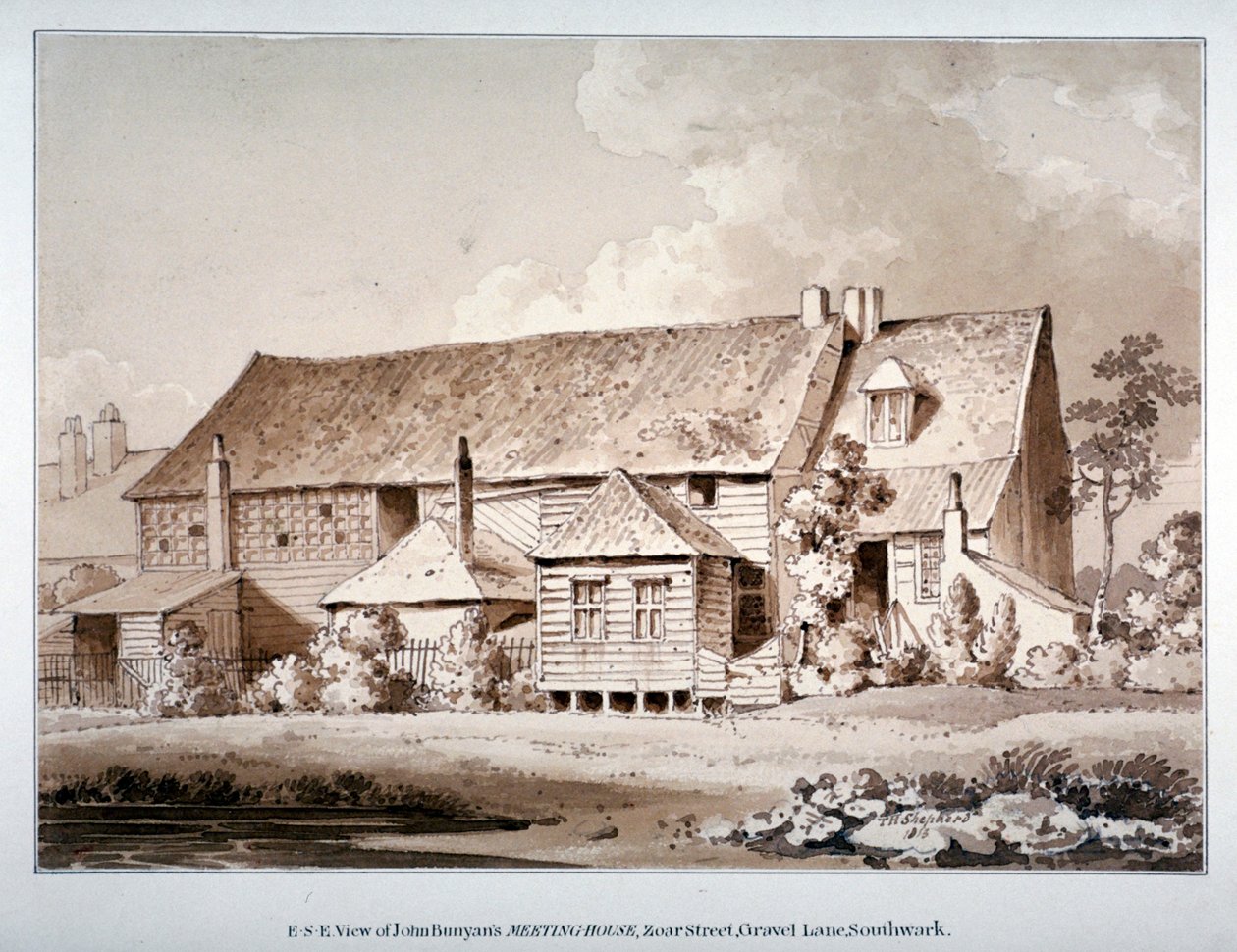 Jihovýchodní pohled na zasedací dům Johna Bunyana, Zoar Street, Southwark, Londýn, 1813 od Thomas Hosmer Shepherd