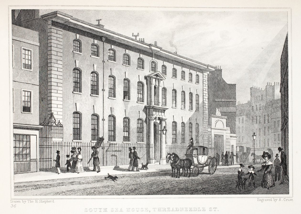 South Sea House, Threadneedle Street, z hospody „Londýn a jeho okolí v devatenáctém století“. Jones und Co., 1827-1829 od Thomas Hosmer Shepherd