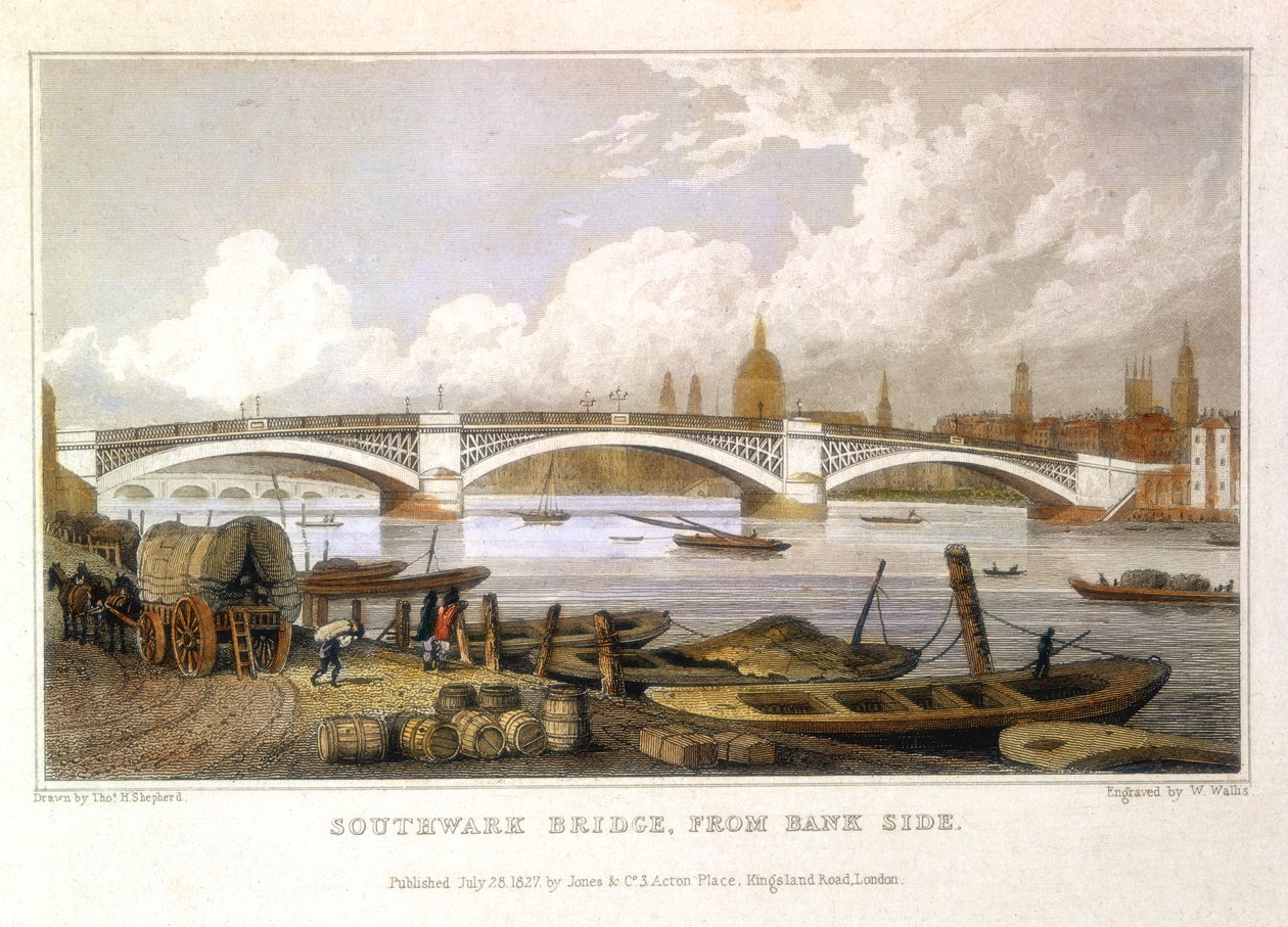 Southwark Bridge z Bank Side, Londýn, 1817 od Thomas Hosmer Shepherd