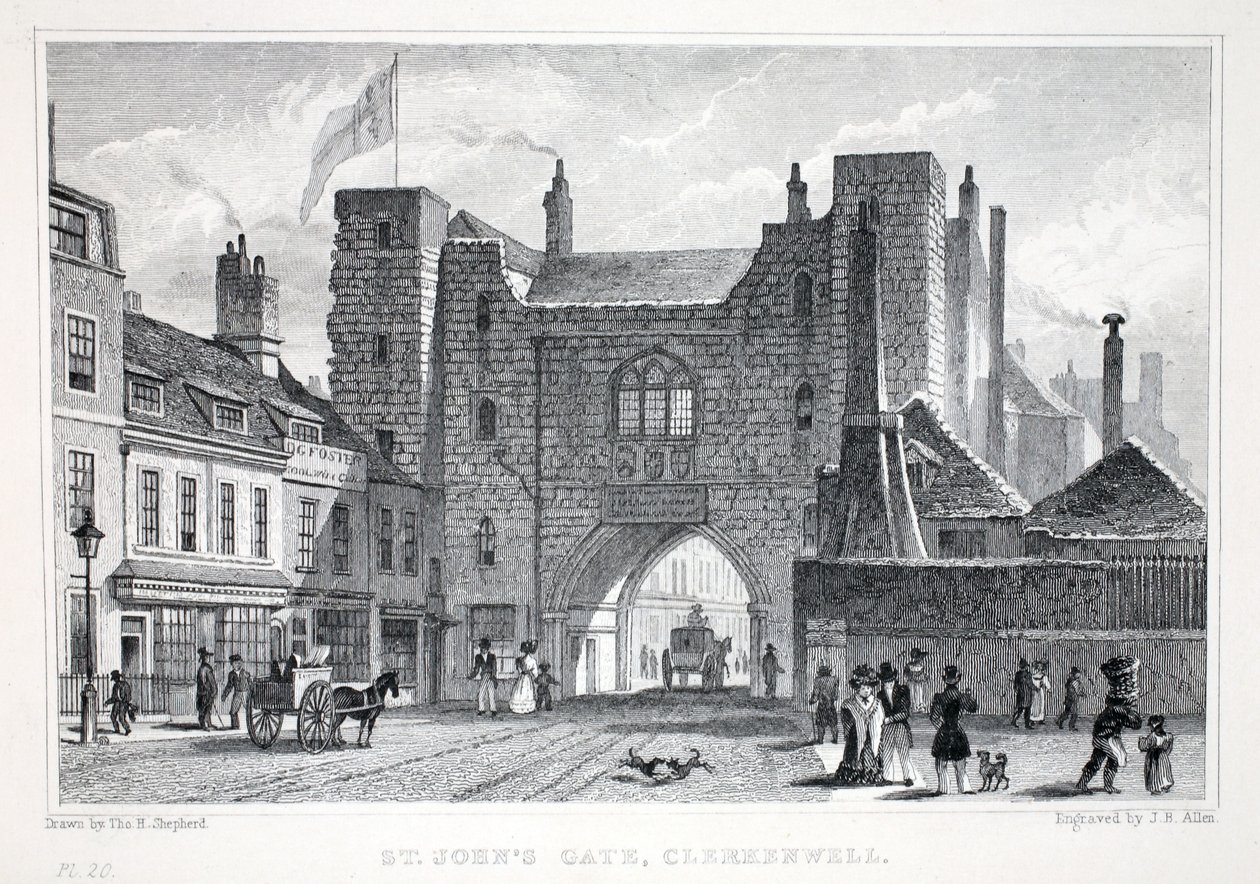 St Johns Gate, Clerkenwell, z hospody „Londýn a jeho okolí v devatenáctém století“. Jones und Co., 1827-1829 od Thomas Hosmer Shepherd