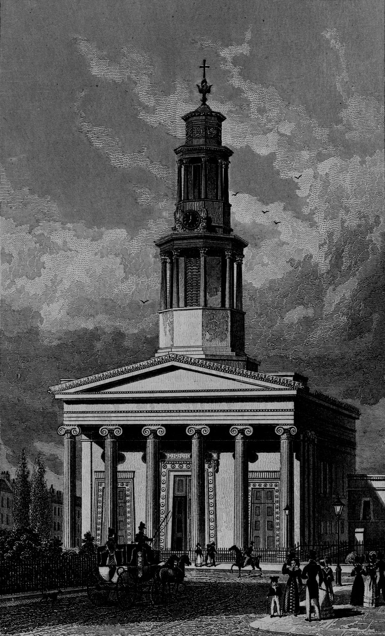 Kostel St. Pancras, západní fronta, vyryl James Tingle 1827 od Thomas Hosmer Shepherd