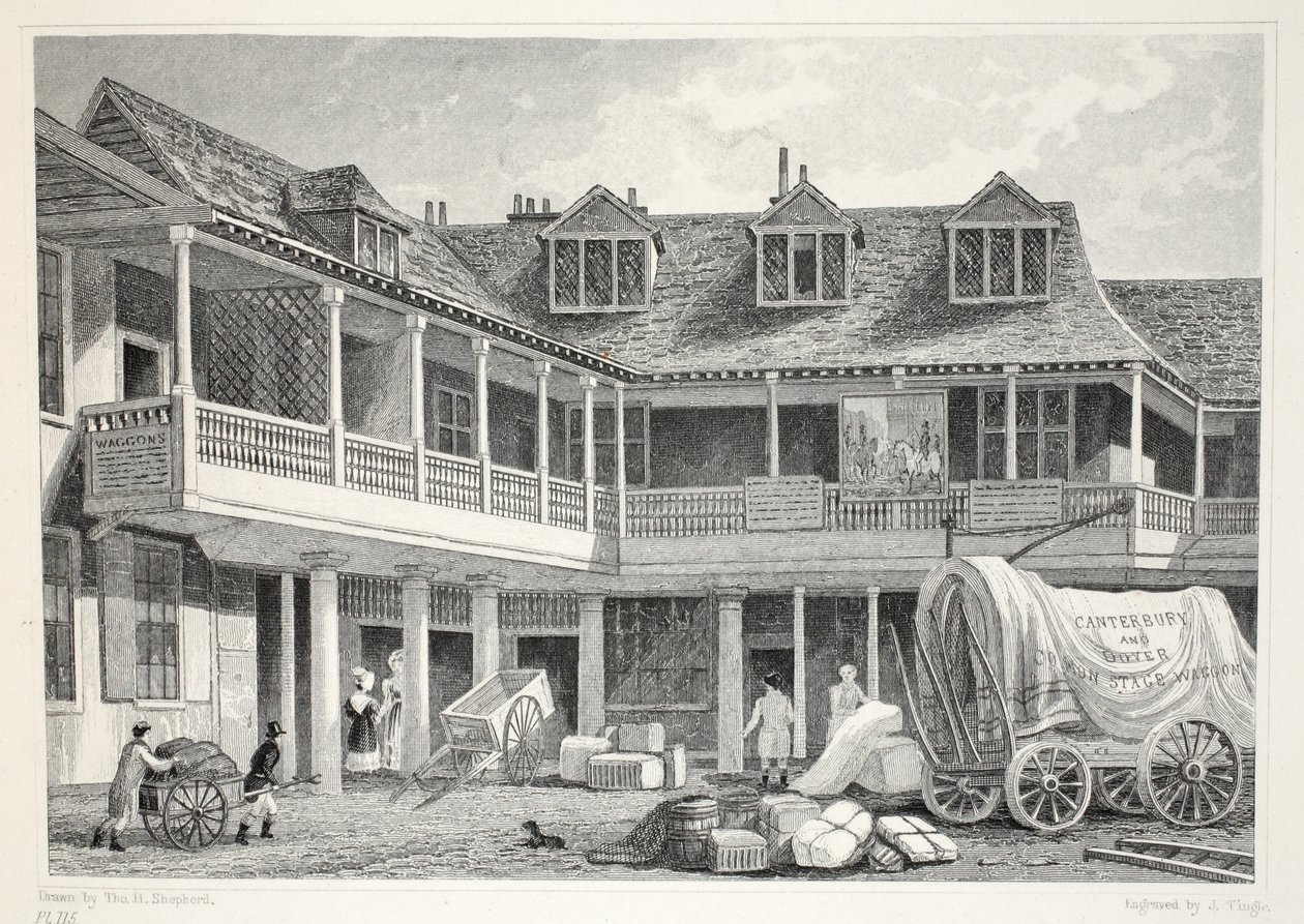 Talbot Inn, Southwark, z hospody „Londýn a jeho okolí v devatenáctém století“. Jones und Co., 1827-1829 od Thomas Hosmer Shepherd