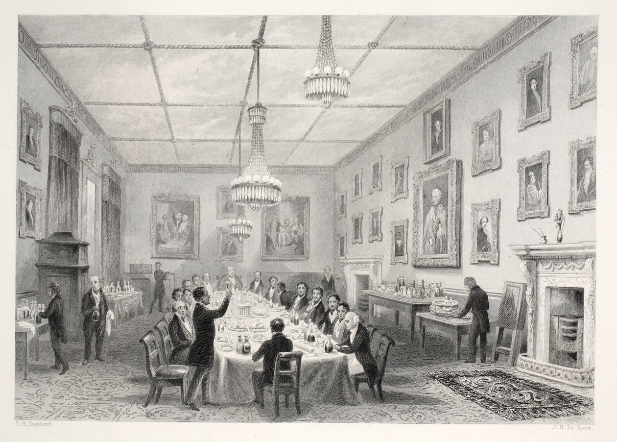 Thatched-House, z publikace "London Interiors with their Costumes and Ceremonies" pub. Joseph Mead, Londýn, asi 1843 (ocelorytina) od Thomas Hosmer Shepherd