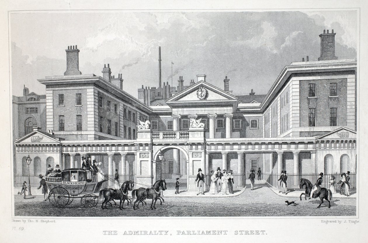 Admiralita, Parliament Street, z hospody „Londýn a jeho okolí v devatenáctém století“. Jones und Co., 1827-1829 od Thomas Hosmer Shepherd