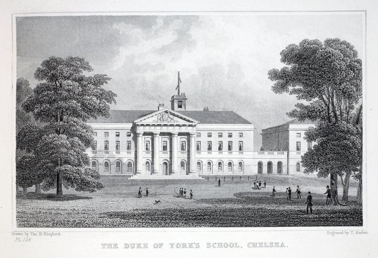 Škola vévody z Yorku, Chelsea, z hospody „Londýn a jeho okolí v devatenáctém století“. Jones und Co., 1827-1829 od Thomas Hosmer Shepherd