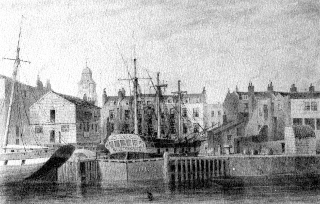 The Gun Dock at Wapping, 1850 (pero, inkoust a mytí na papíře) od Thomas Hosmer Shepherd