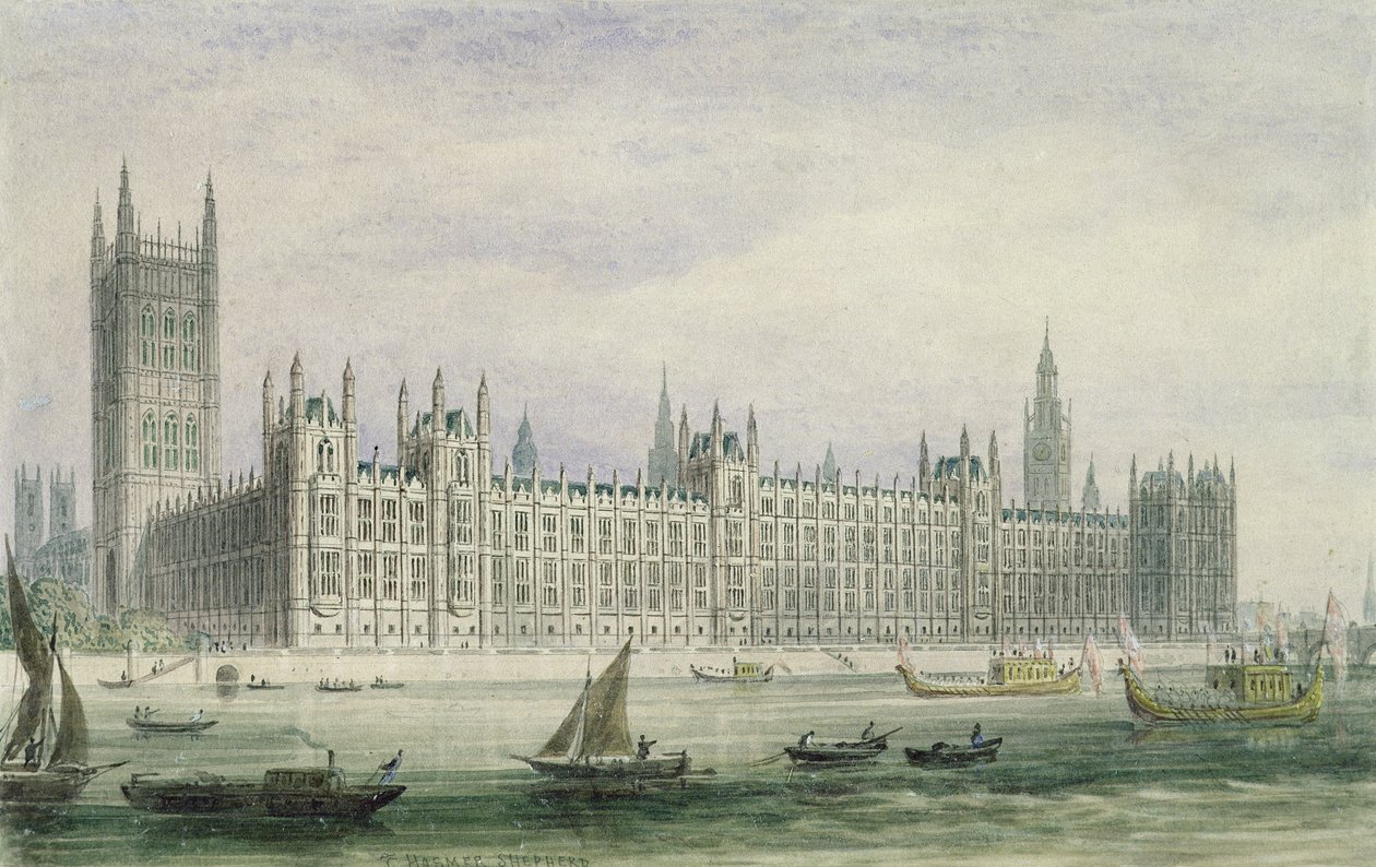 The Houses of Parliament (grafit, pero a inkoust a wc na papíře) od Thomas Hosmer Shepherd