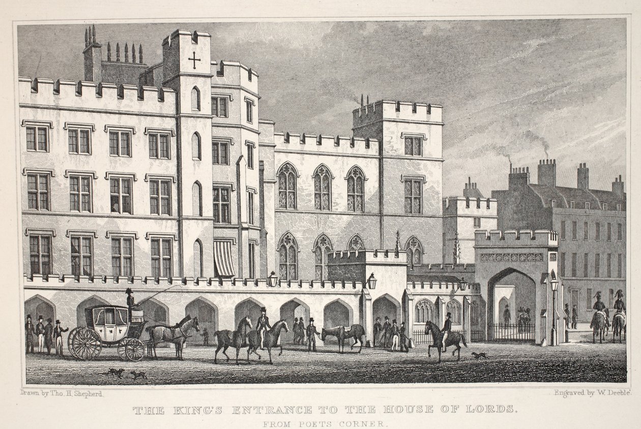 Královský vchod do Sněmovny lordů z Poets Corner, z hospody „Londýn a jeho okolí v devatenáctém století“. Jones und Co., 1827-1829 od Thomas Hosmer Shepherd