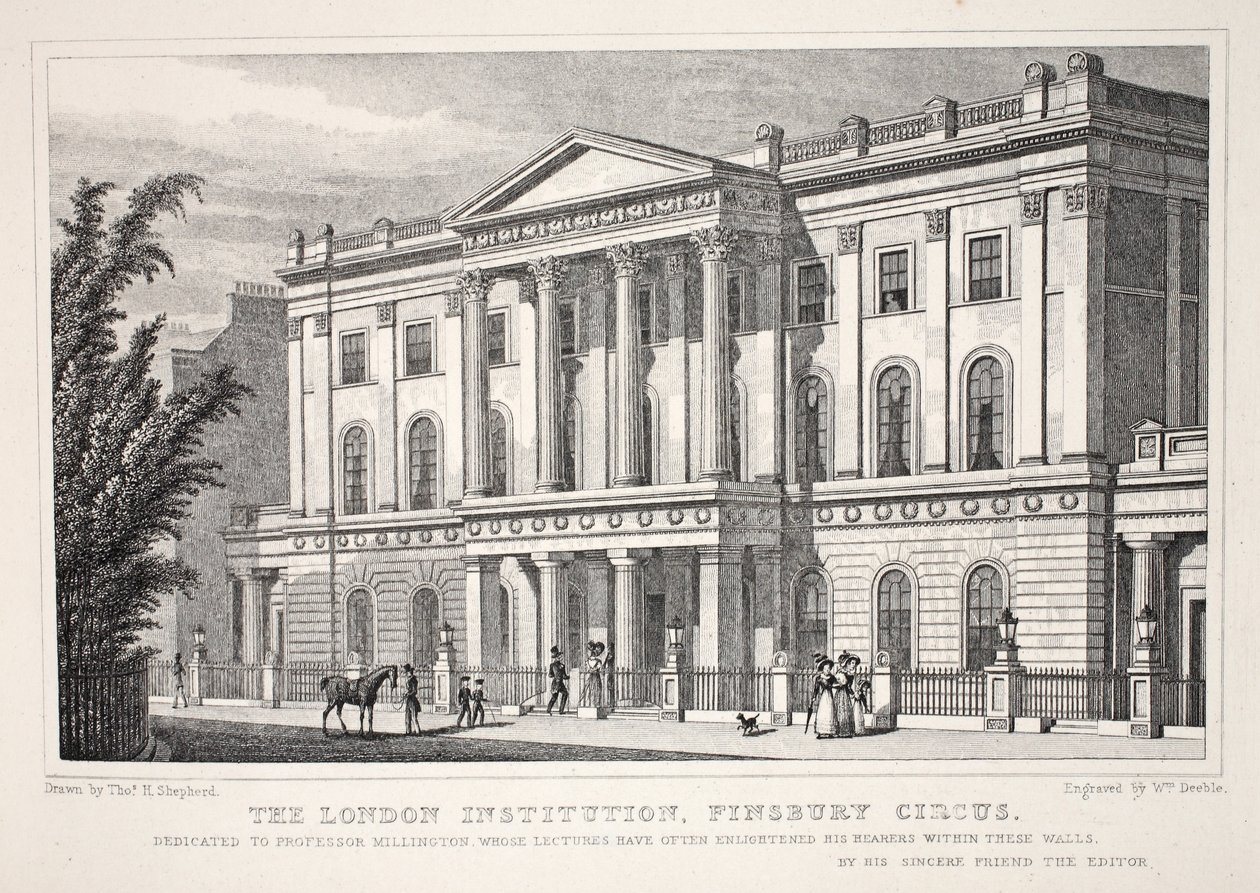 The London Institution, Finsbury Circus, z hospody „Londýn a jeho okolí v devatenáctém století“. Jones und Co., 1827-1829 od Thomas Hosmer Shepherd