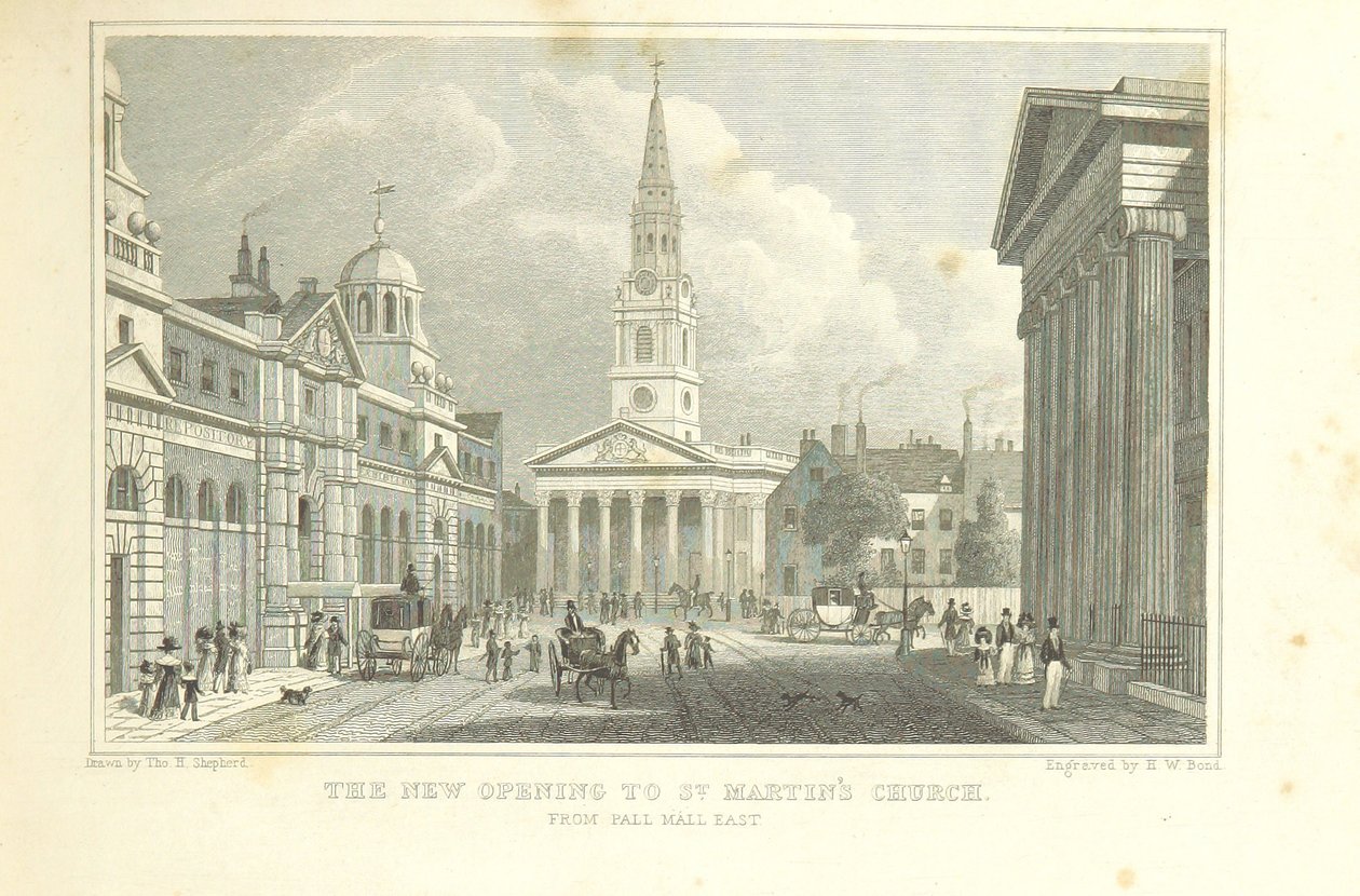 Nové otevření do kostela svatého Martina z Pall Mall East, z „Metropolitan Improvements“ od Thomas Hosmer Shepherd