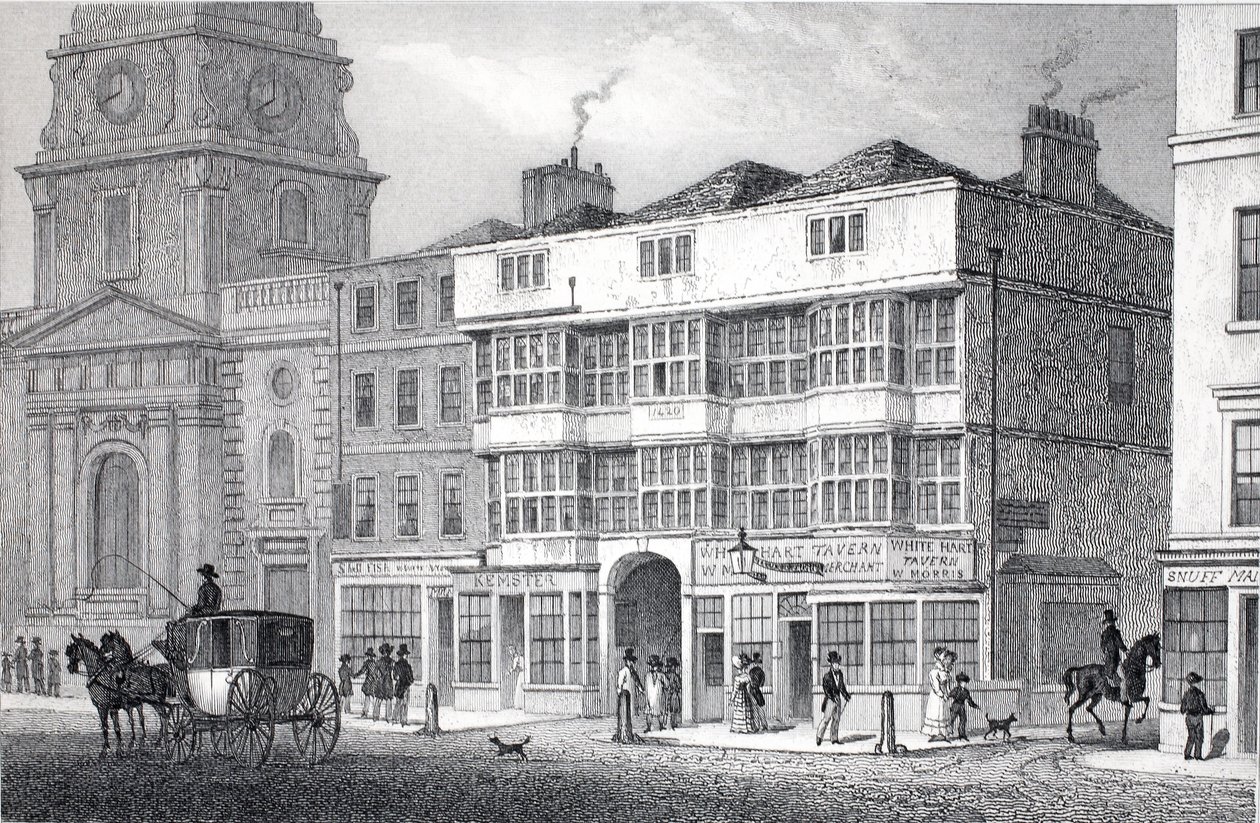 Old White Hart Tavern, Bishopsgate Street, z hospody „Londýn a jeho okolí v devatenáctém století“. Jones und Co., 1827-1829 od Thomas Hosmer Shepherd