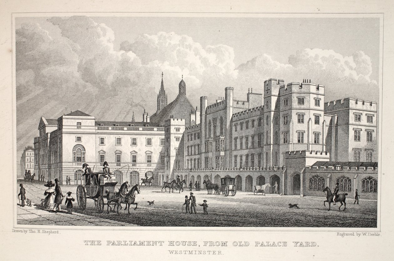 Budova parlamentu z Old Palace Yard, Westminster, z hospody „Londýn a jeho okolí v devatenáctém století“. Jones und Co., 1827-1829 od Thomas Hosmer Shepherd