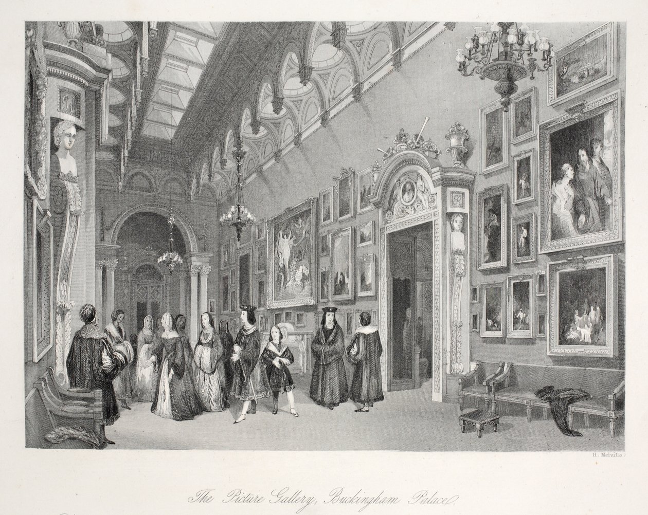 Obrazárna v Buckinghamském paláci, z publikace "Londýnské interiéry s jejich kostýmy a ceremoniály". Joseph Mead, Londýn, asi 1843 (ocelorytina) od Thomas Hosmer Shepherd