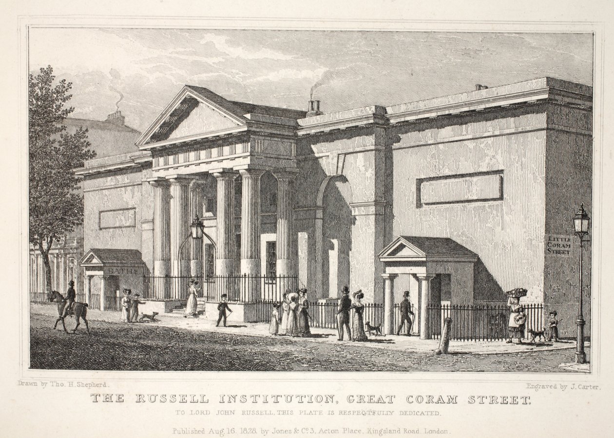 Russell Institution, Great Coram Street, z hospody „Londýn a jeho okolí v devatenáctém století“. Jones und Co., 1827-1829 od Thomas Hosmer Shepherd