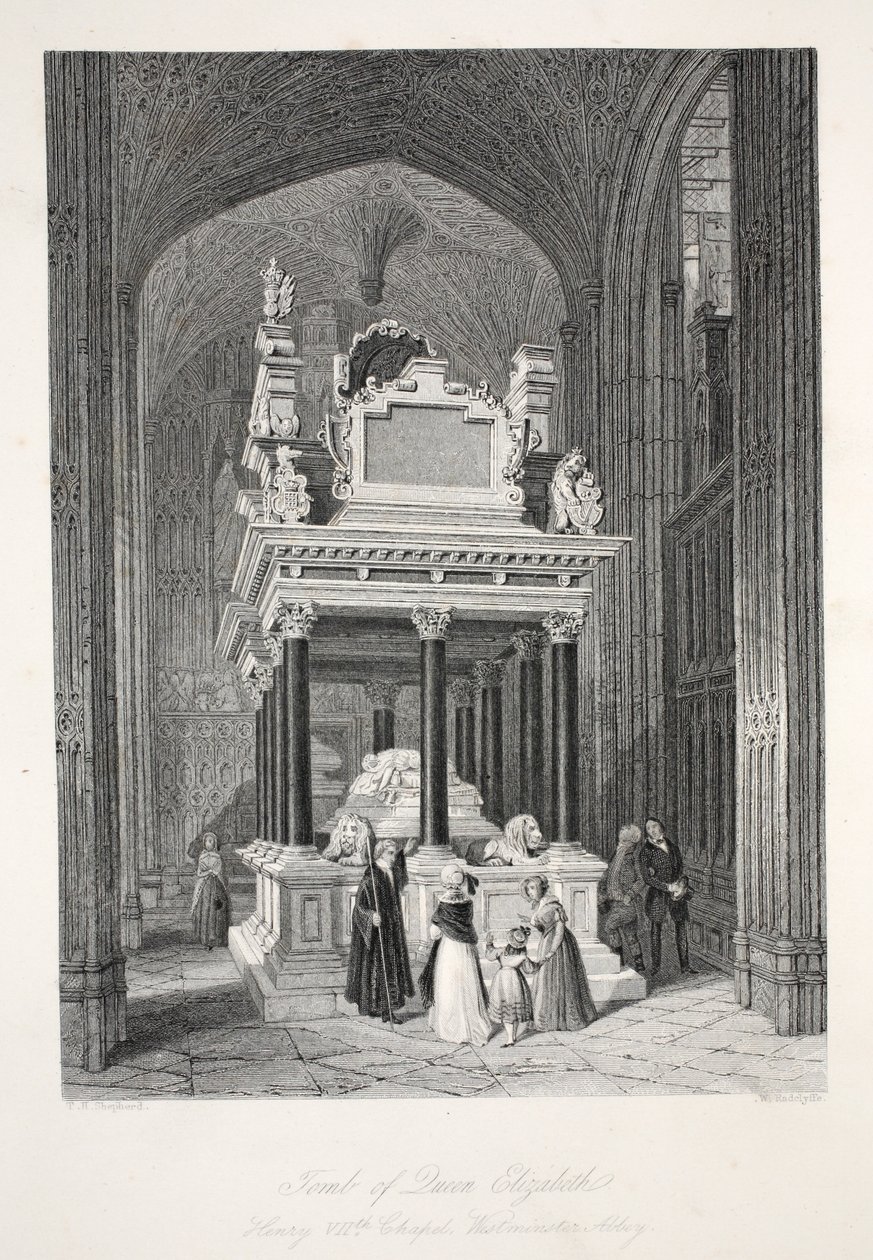 Hrob královny Alžběty I. z hospody „Londýnské interiéry s jejich kostýmy a obřady“. Joseph Mead, Londýn, kolem roku 1843 (ocelová rytina) od Thomas Hosmer Shepherd