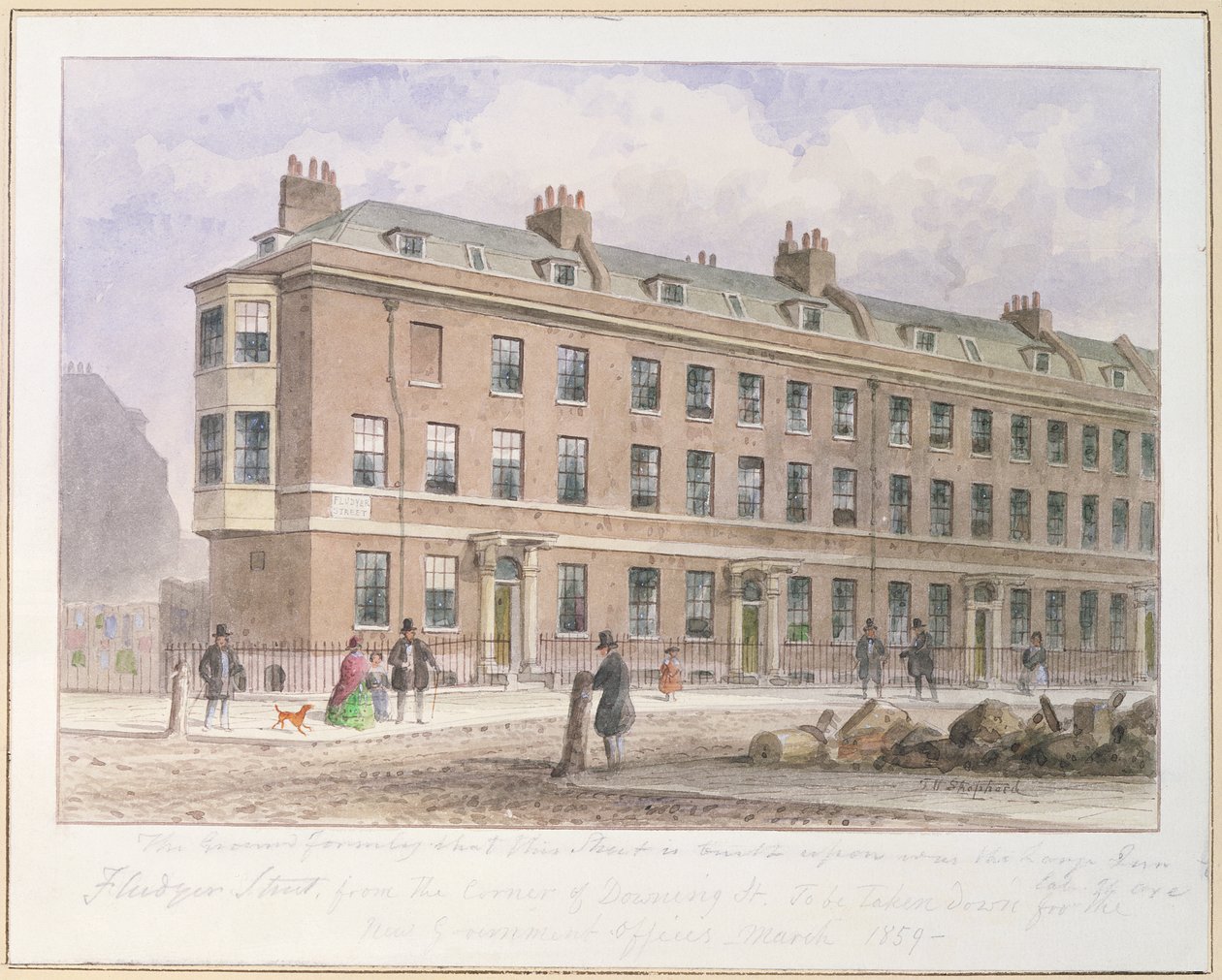 Pohled na Fludyer Street při pohledu na Parliament Street, 1859 od Thomas Hosmer Shepherd