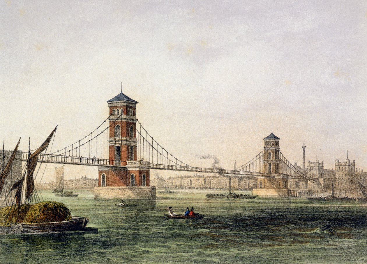 Pohled na Hungerford Bridge z východu, vyrytý Jean Jacottet (1806-c.43) 1854 od Thomas Hosmer Shepherd