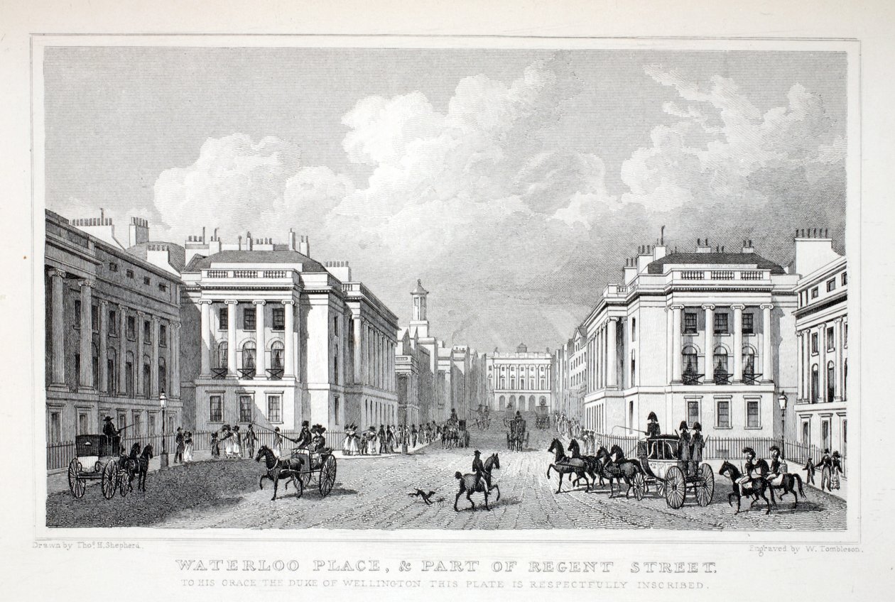 Waterloo Place a část Regent Street z hospody „Londýn a jeho okolí v devatenáctém století“. Jones und Co., 1827-1829 od Thomas Hosmer Shepherd