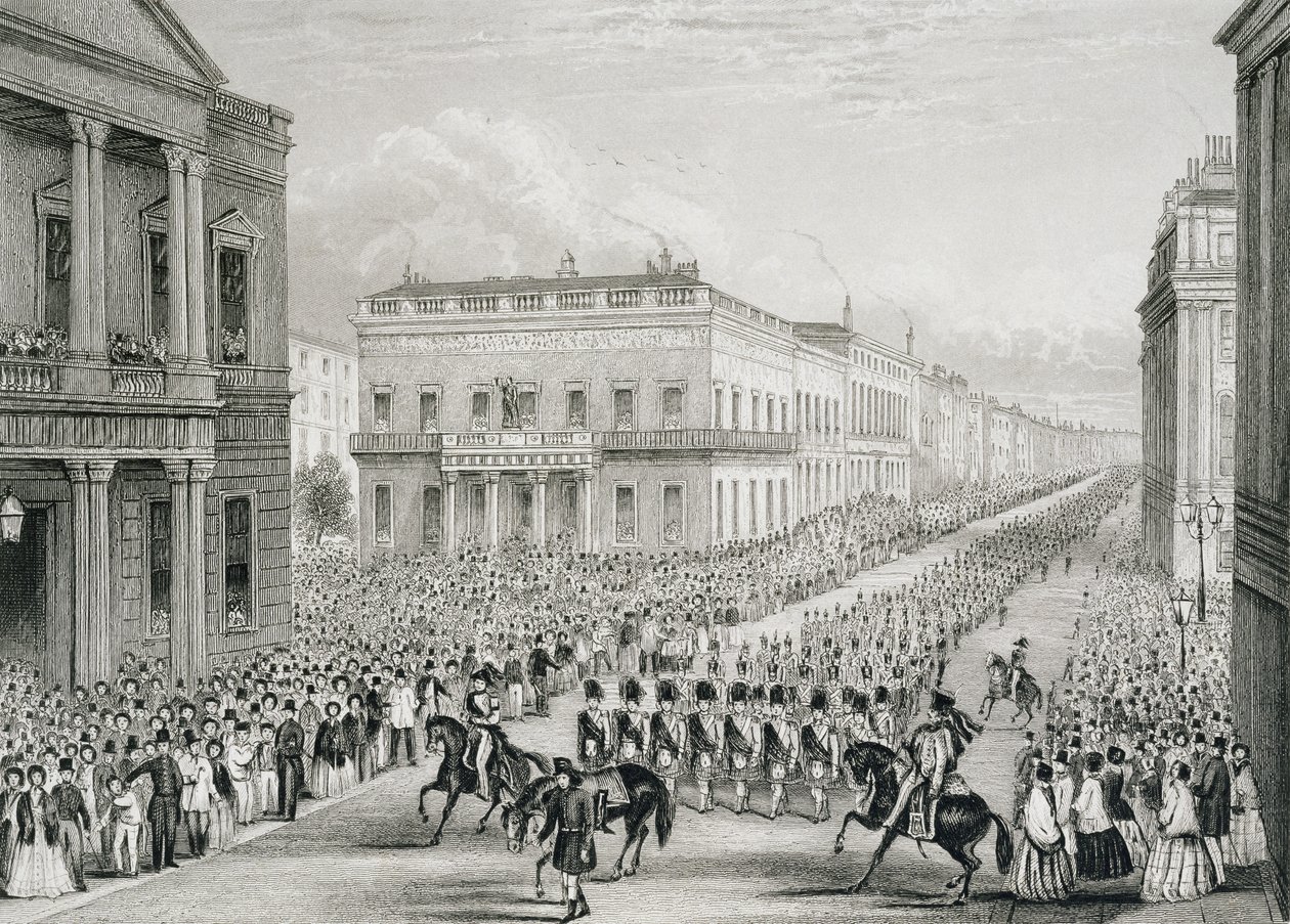 Wellingtonův pohřební průvod procházející kolem Senior United Service Club, Pall Mall od Thomas Hosmer Shepherd