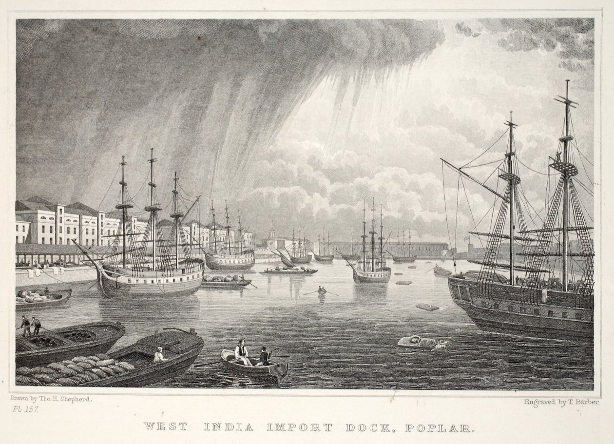 West India Docks, Isle of Dogs, z Londýna a jeho okolí v hospodě Devatenáctého století. Jones und Co., 1827-1829 od Thomas Hosmer Shepherd