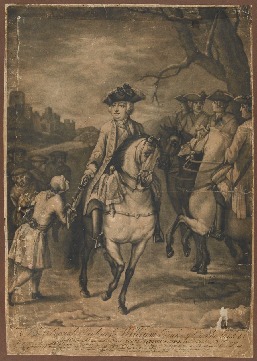 H.R.H. Vévoda z Cumberlandu a francouzský velící důstojník vzdávají Carlisle Jeho Výsosti, 30. prosince 1745, 1746 (mezzotinta) od Thomas Hudson