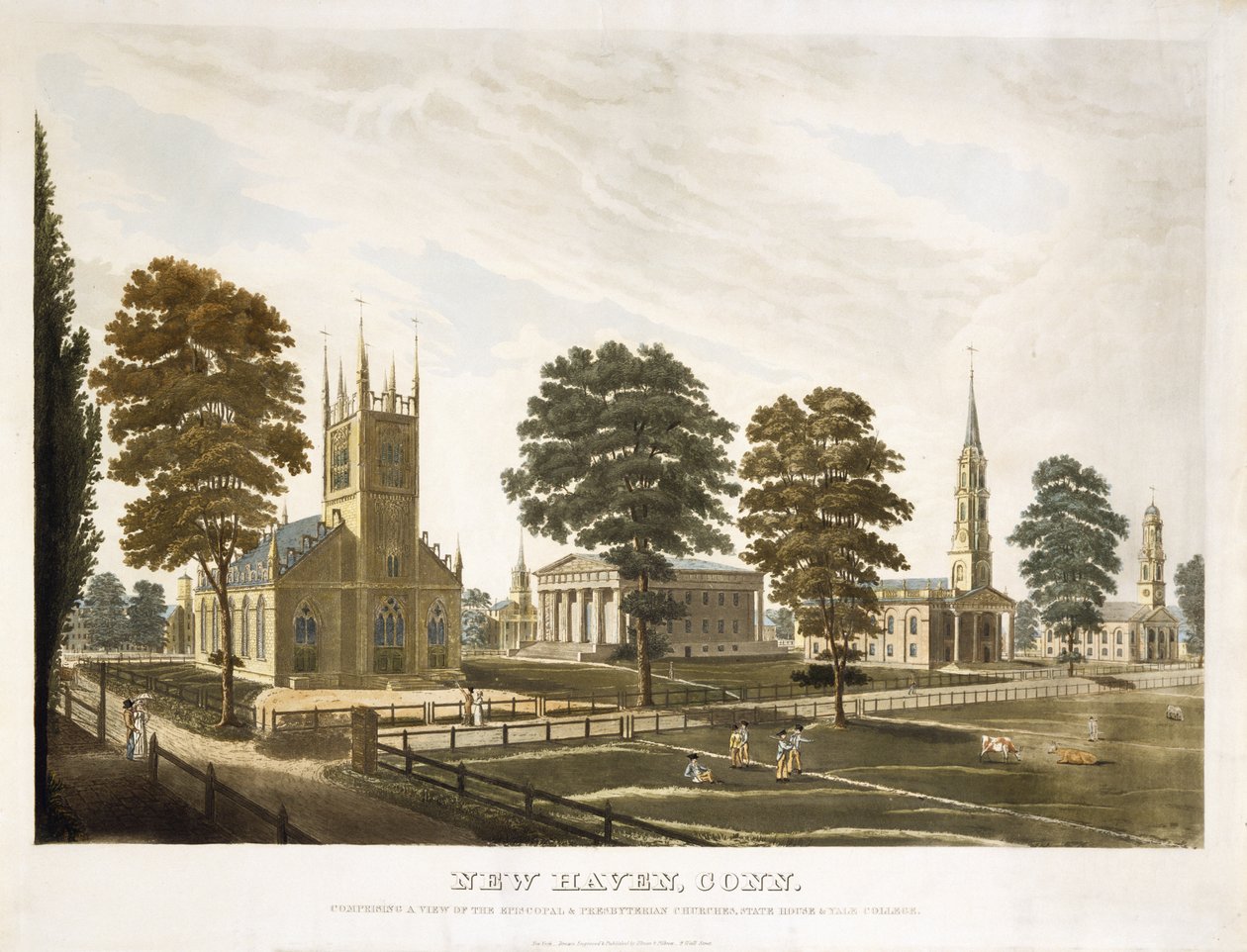 New Haven, Conn. Zahrnující pohled na biskupské a presbyteriánské kostely, State House a Yale College od Thomas Illman