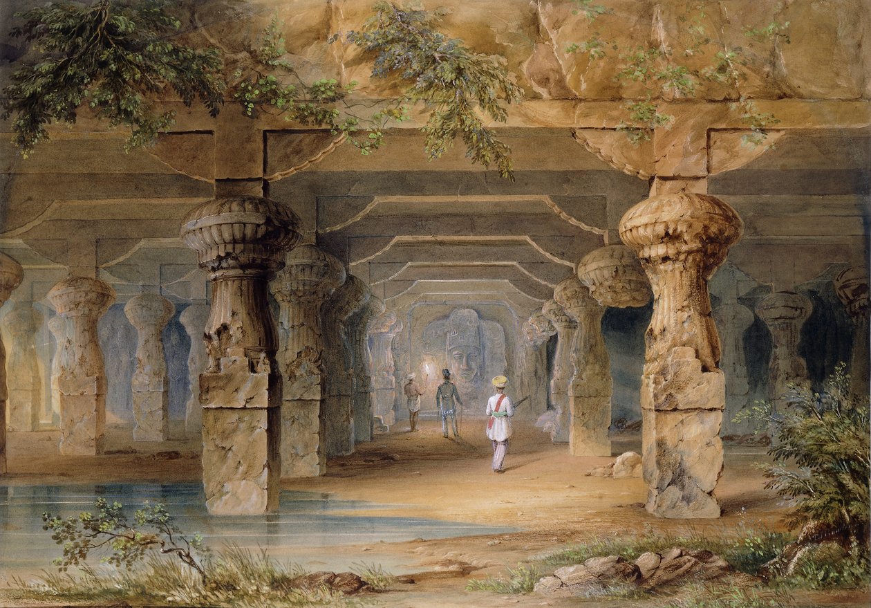 Interiér Velké jeskyně, Elephanta, Bombay, 19. století od Thomas J. Rawlins