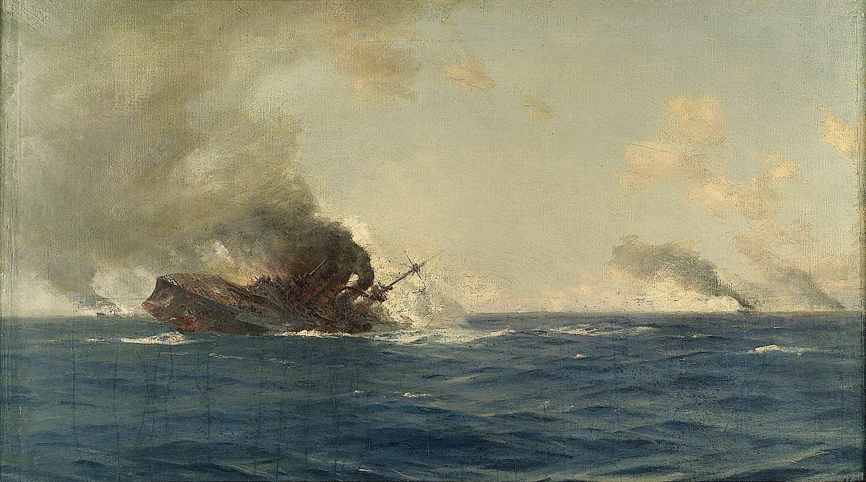 Potopení lodi Scharnhorst v bitvě o Falklandy, 8. prosince 1914, asi 1915 (olej na plátně) od Thomas J. Somerscales