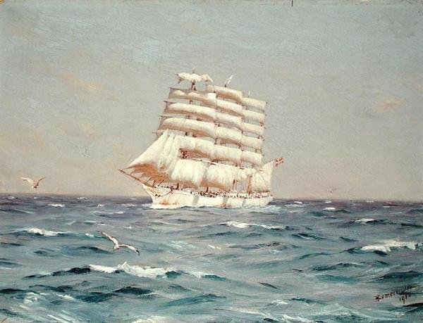 „Viking“, čtyřstěžňový člun pod plnou plachtou od Thomas J. Somerscales