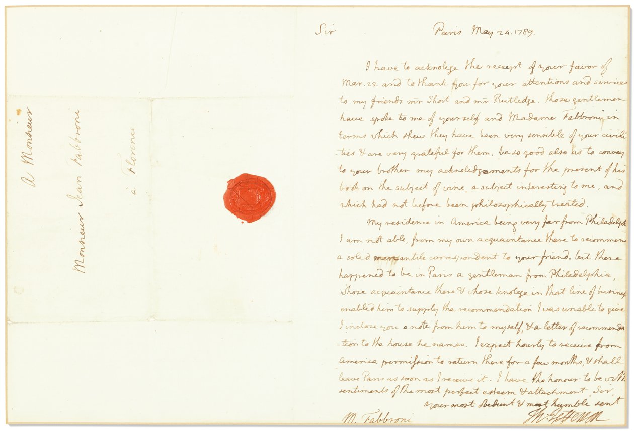 Autogram podepsaný jako velvyslanec Spojených států ve Francii Giovanni Fabbronimu, Paříž, 24. května 1789 od Thomas Jefferson