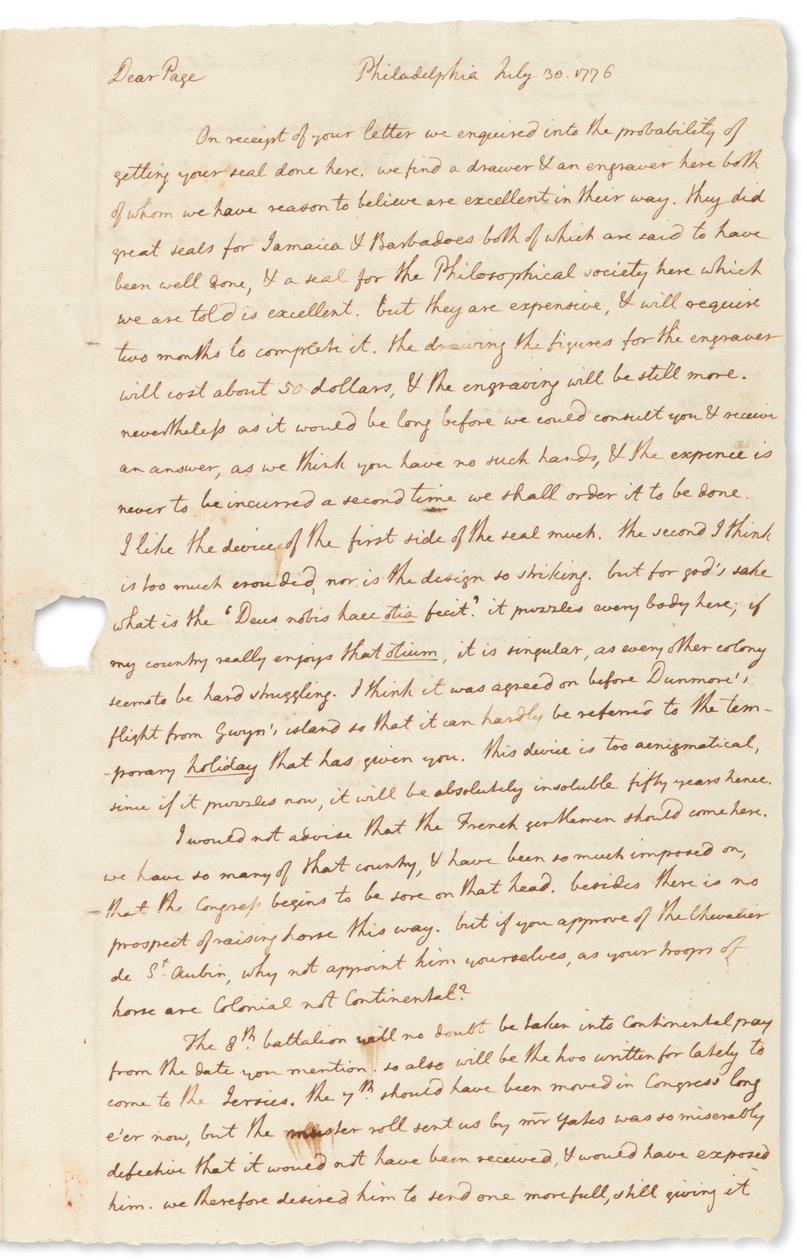 Autogram dopis Johnu Pageovi, Philadelphia, 30. července 1776 od Thomas Jefferson