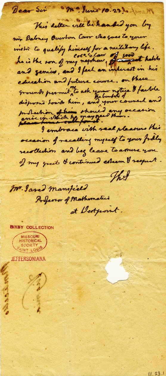 Dopis Thomase Jeffersona (pouze iniciály), Monticello, Jaredovi Mansfieldovi, profesorovi matematiky ve West Pointu, 10. června 1823 od Thomas Jefferson
